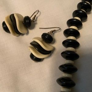 1980’s Costume Jewelry: Black/White Necklace(24”) & Earrings